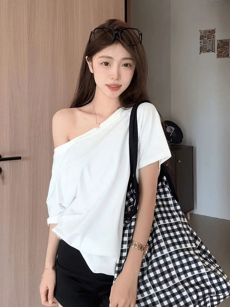Cotton Off shoulder Summer Oversize T shirt Women Solid color Short sleeve Tops Lady Casual Tees Korean style Youth Blouses 250614