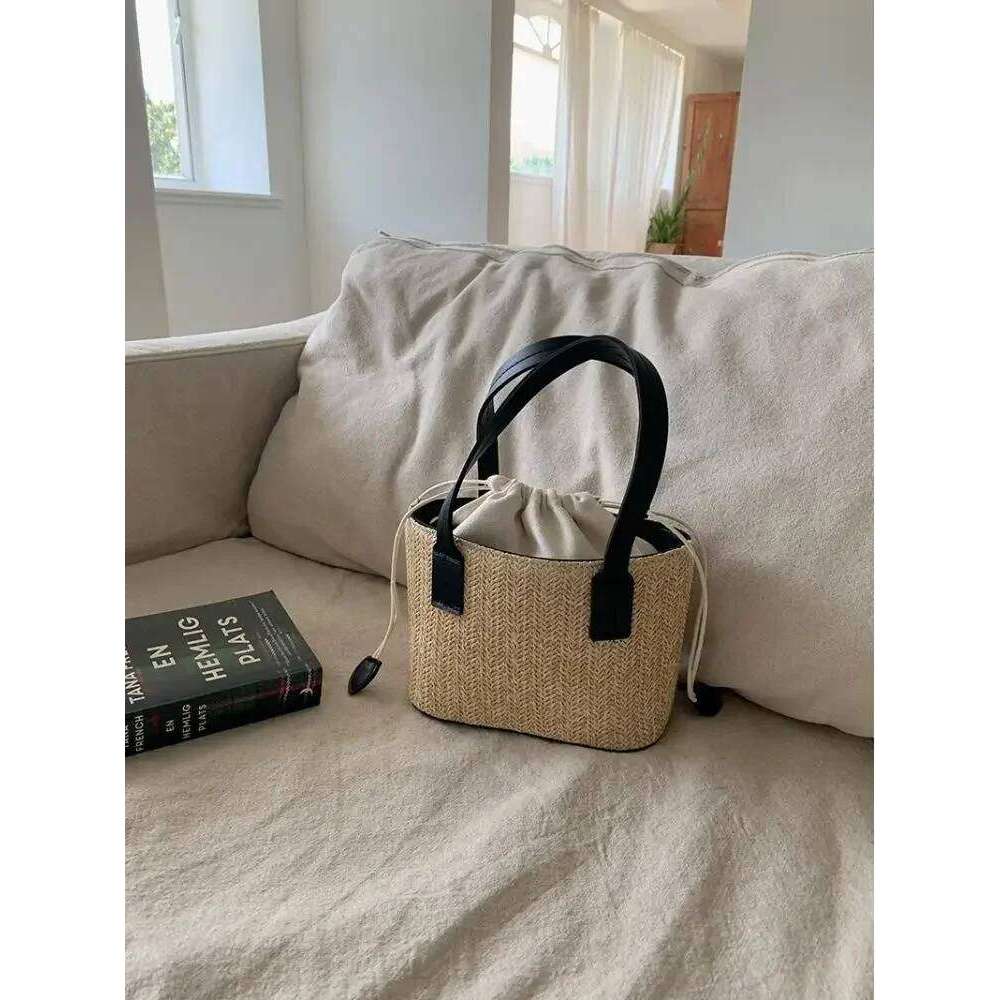Leisure Grass Woven Handbag Drawstring Bucket One Shoulder Crossbody Women's Travel Bohemian Vacation Beach Bag