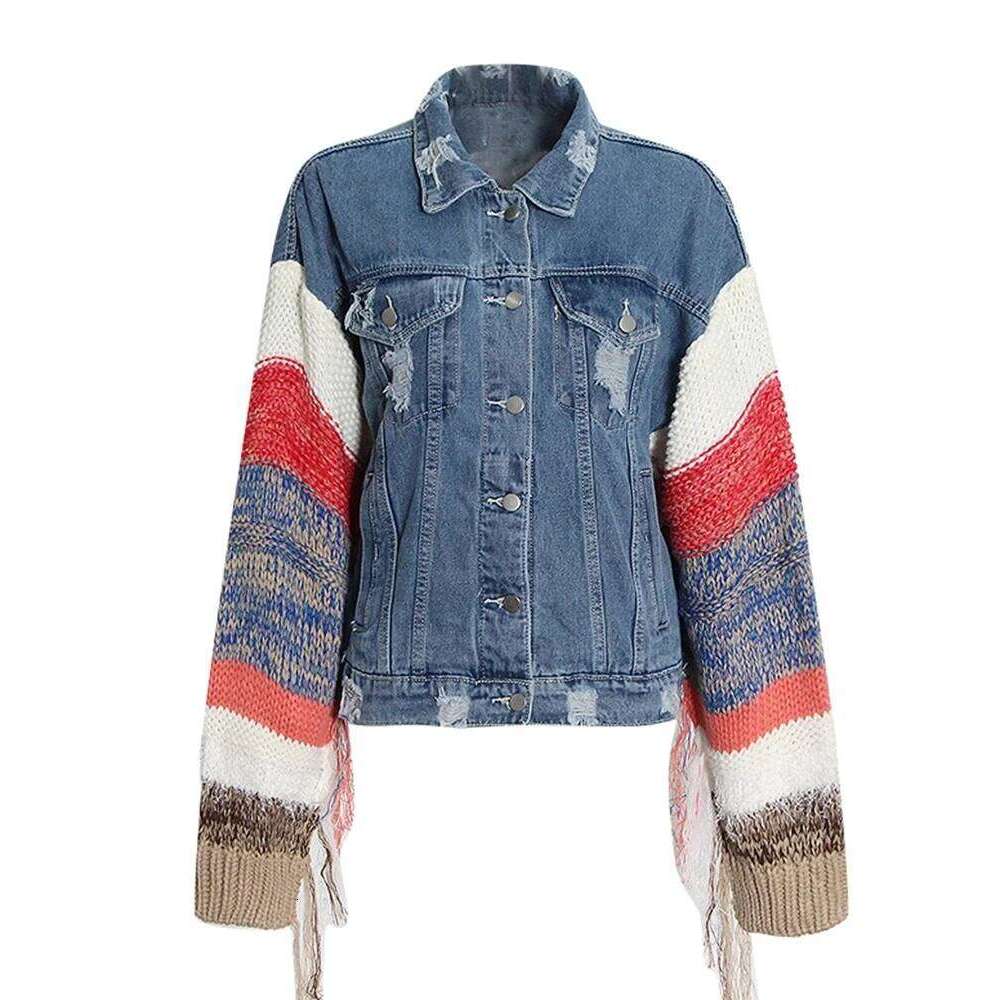 ROMISS Patchwork Knitted Denim Coats For Women Lapel Long Sleeve Hit Color Tassel Jackets Female Clothing Fashion Autumn 2024