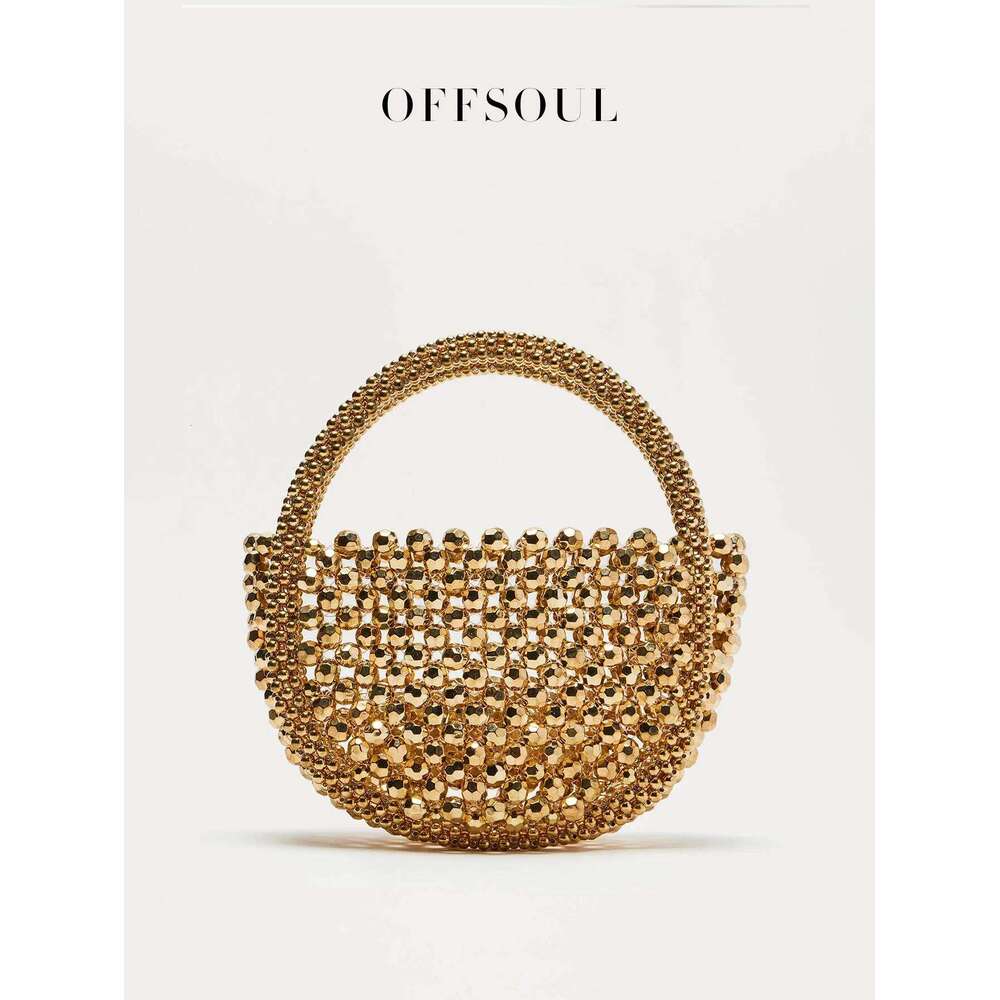 Hollow Hand-Made Metal Sense Gold Woven Half-Round String Beads Pearl Bag Round Handbag
