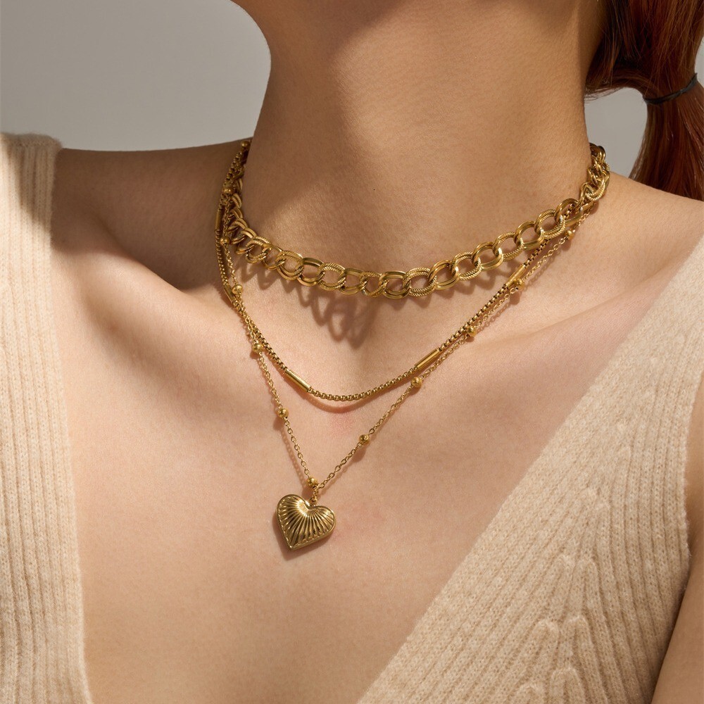 Trendy Fashion Gold Double Layer Stacked Heart Necklace for Women, Unique Titanium Steel Non-Fading Jewelry