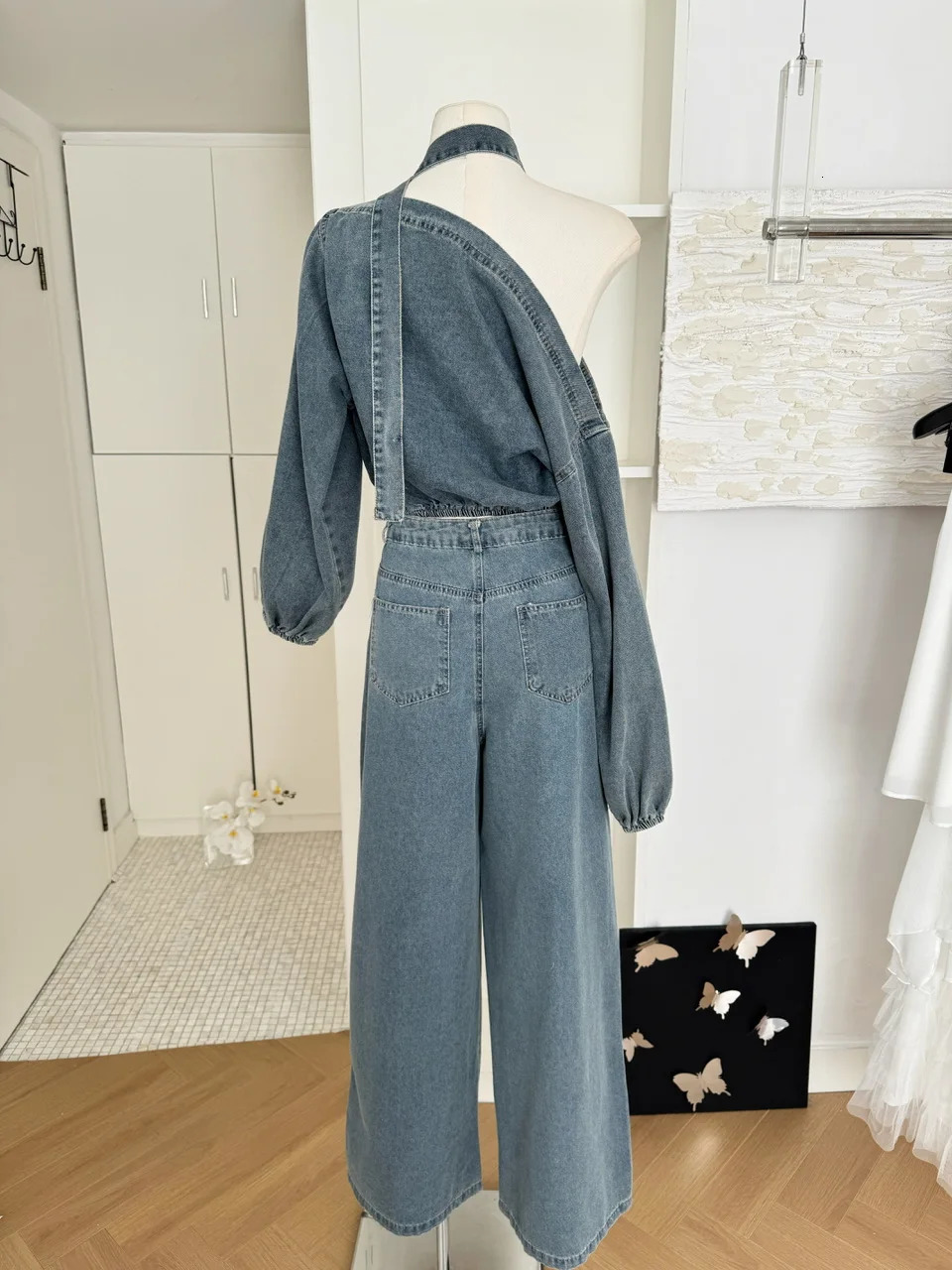 Summer Women Korean Rave Vacation Y2k 2000s Outfits 2 Piece Pants Set Off Shoulder Denim Long Sleeve Crop Top Long Baggy Jeans 250614