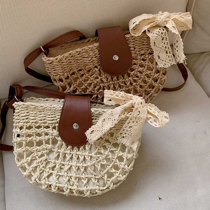 Ladies Crochet Shoulder Bag with Adjustable Strap Semicircle Straw Handbag Knitting Crossbody Bag Travel Vacation Commute Bag XJ2520616