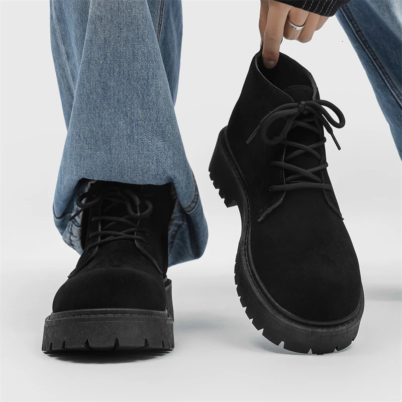 2025 Men Big Size High Quality Square Heels Platform Punk Toe Derby Boot Laceup Ankle Boots Shoes 250612