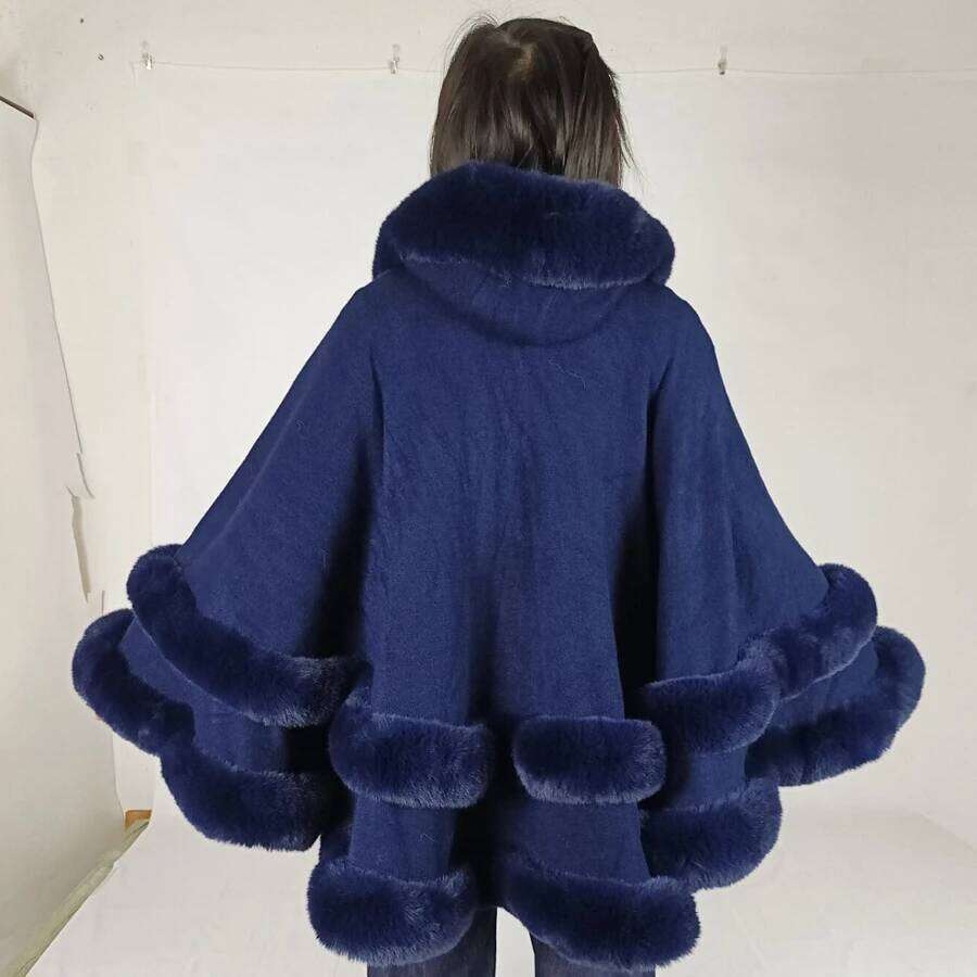 Double Layer Imitated Rex Rabbit Cape Coat Hooded Shawl Winter Women Knit Poncho Overcoat Faux Fur Wraps Big