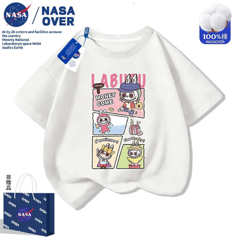 NASA Children's Labubu Summer New Short Sleeve Boys and Girls Versatile Crew Neck Cartoon T-Shirt