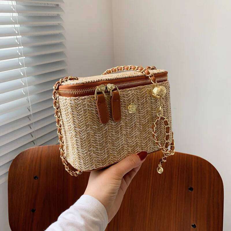 Simple Box Shoulder Straw Woven Handbag Bohemian Beach One-Shoulder Diagonal Bag 4 Colors Purses And Handbags