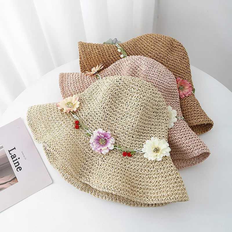 New Arrival Summer Hats For Women Flower Rope Wide Brim Sun Hat Lady Foldable Sunhat Sunscreen Beach Accessories Seaside Holiday New U250616
