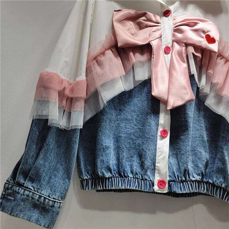 WTHT Fashion Women's Spliced Bows Mesh Edge Denim Jacket 2025 Spring Trendy Lapel Long Sleeves Loose Coat Female 1LS951