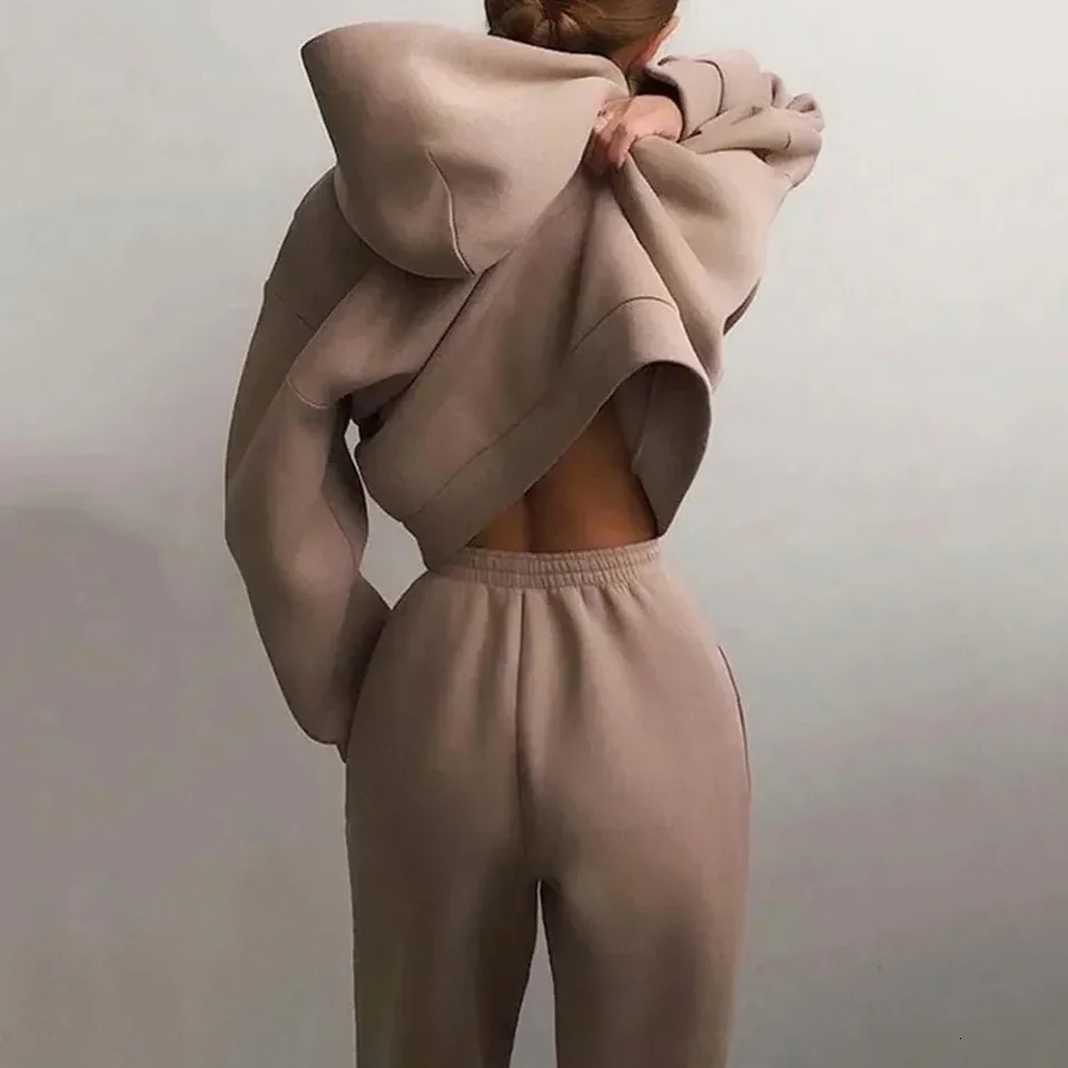 Stylish 2 Piece Women Tracksuit Autumn Winter Hoodies Top Pant Sweatshirts Sweatpants Jogging Pant Outfits Solid Color 250614