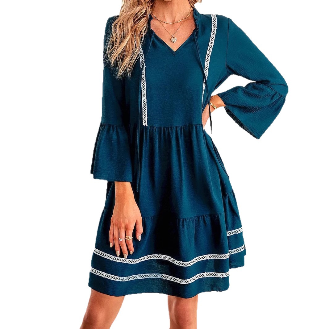 X615New Simple Casual V-Neck Pleated Short Sleeve Hooded Lace Dress