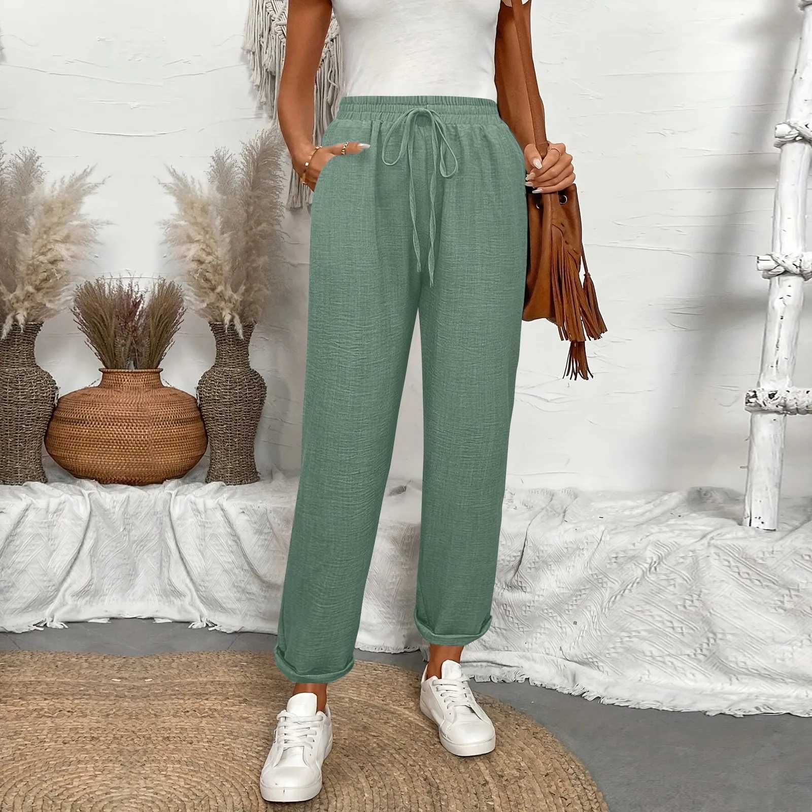 Womens casual pants elastic waist tie trousers loose straight leg sweatpants comfortable and breathable summer trousersXJ250616