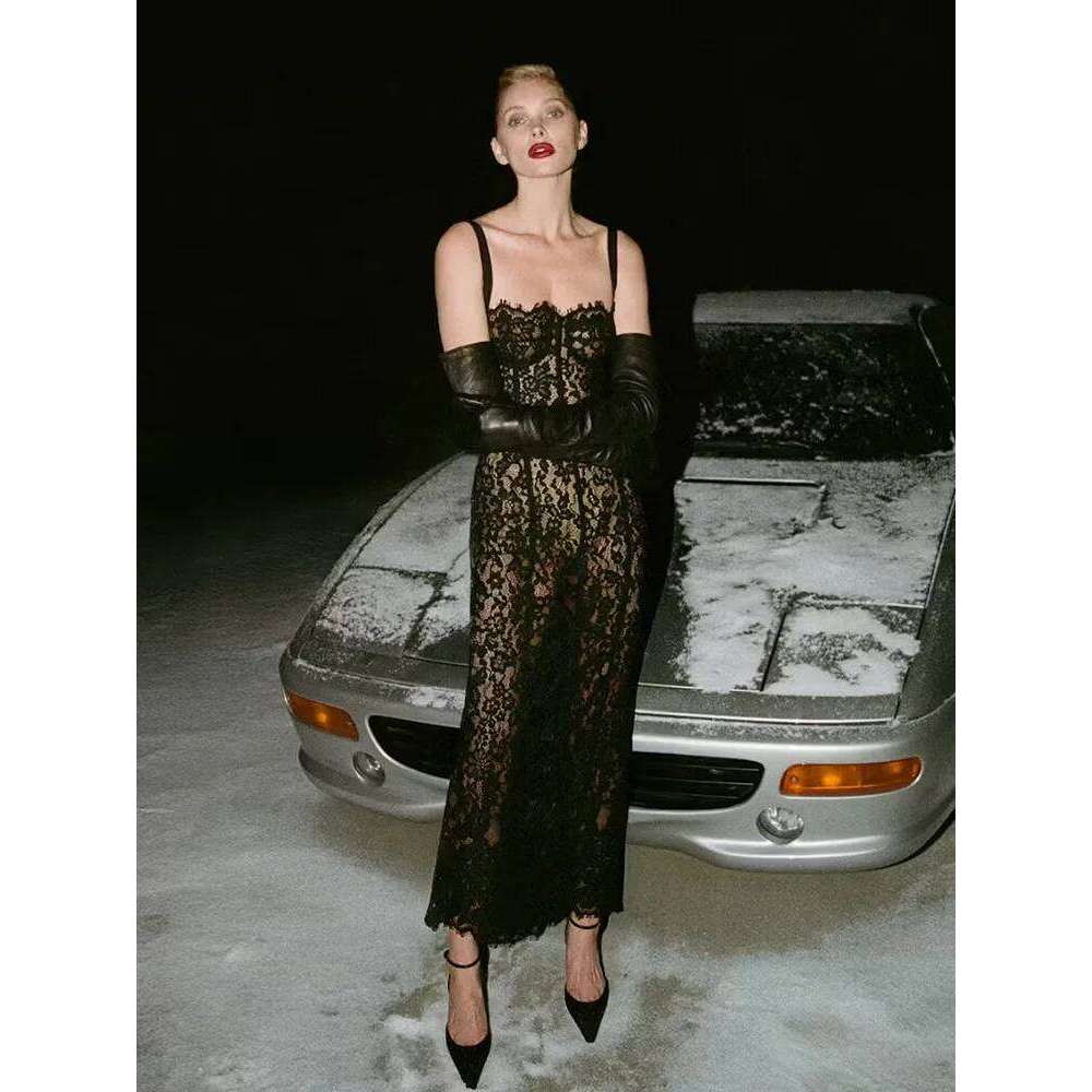 Sexy Spaghetti Strap Square Neck Long Dress Women Black Floral Lace Sleeveless Bodycon Dresses Elegant Evening Celebrity