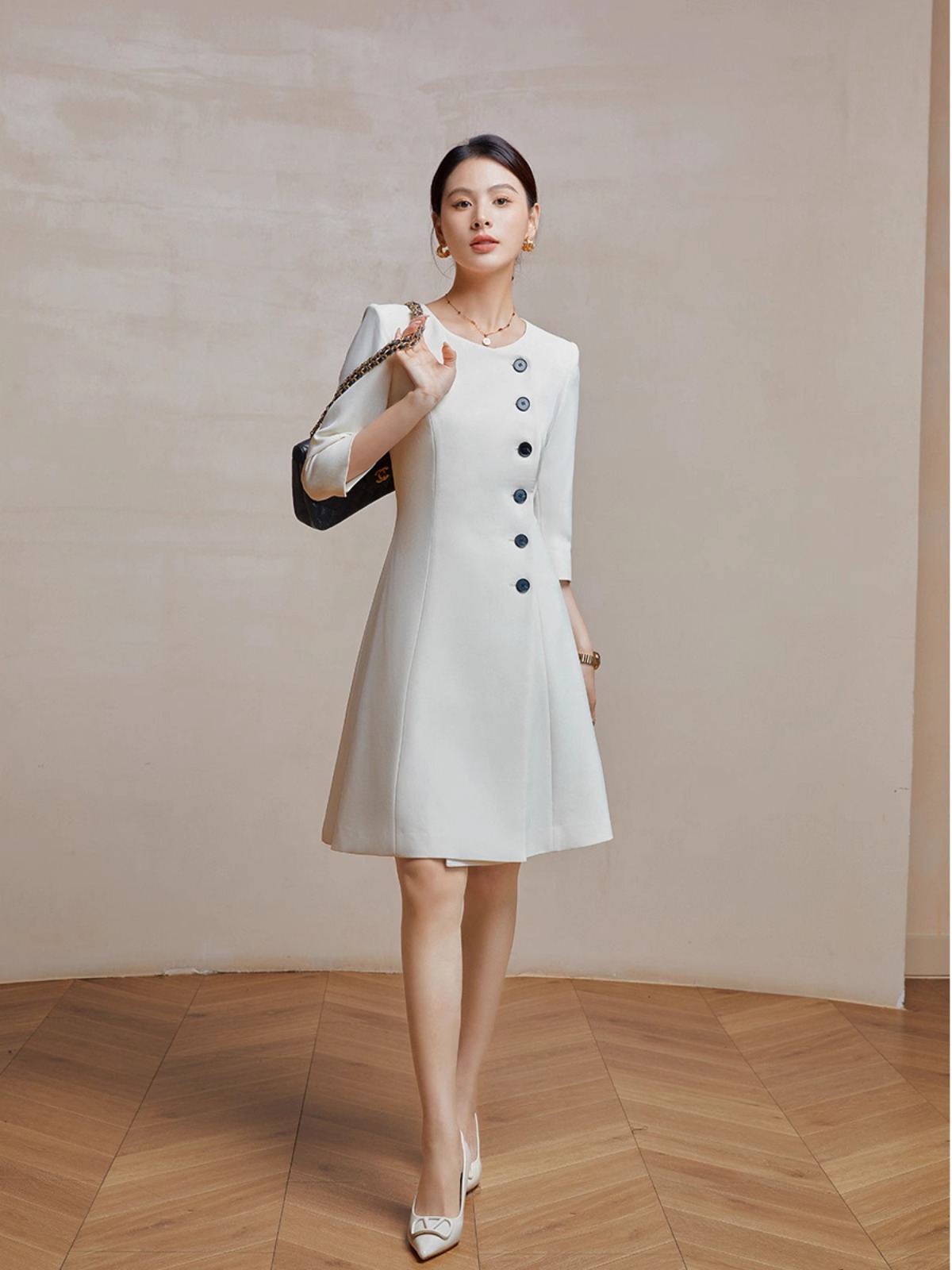 S140 Women's temperament mid-length swing A-line skirt single row button suit skirt