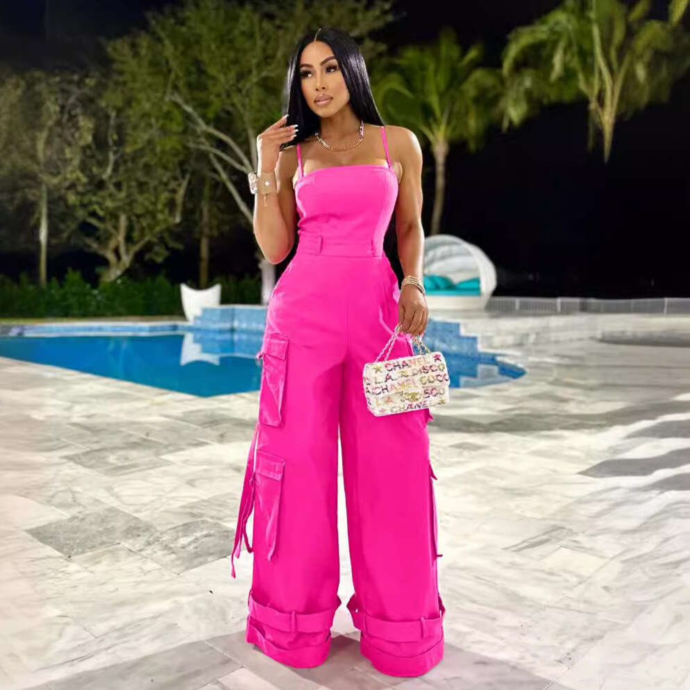 European and American Style Women's Sexy Strapless Multi-Pocket Cargo Wide-Leg Jumpsuit 2025 Elegant Versatile New Trendy Fashion Ins