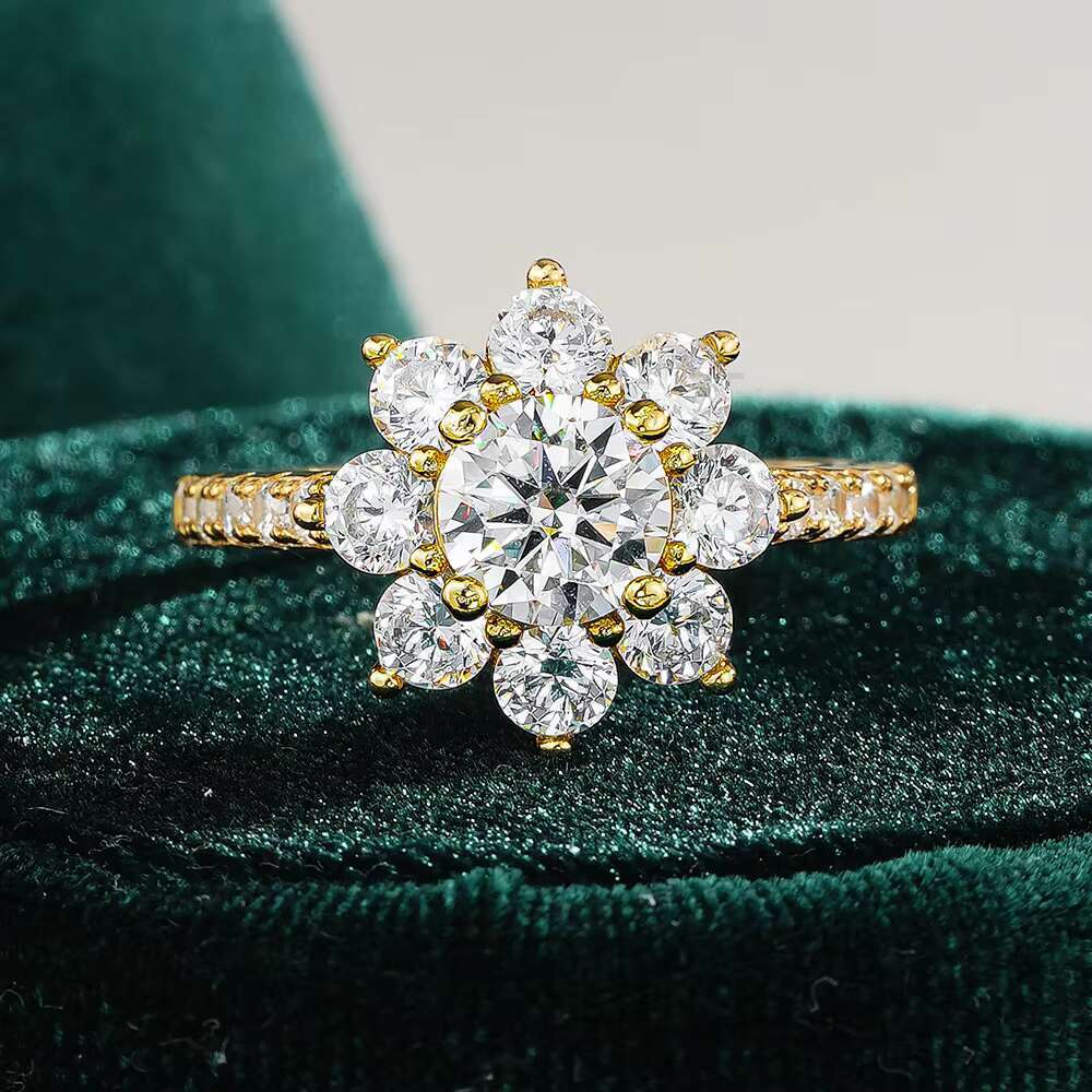 Real D Color 925 Sterling Silver Moissanite Ring Korean Fashion High Quality Sunflower Shape Moissanite 1CT 2CT Ring for Women