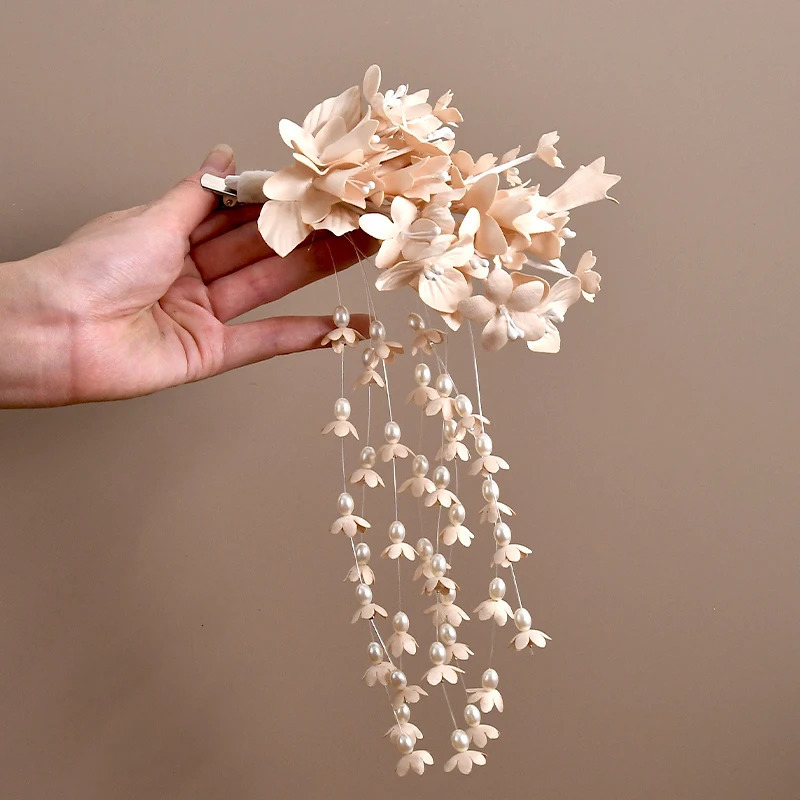 Flower Hair Barrettes Bridal Wedding Tiara Flower Pearl Tassel Hairpin Wedding Hair Accessories 250610