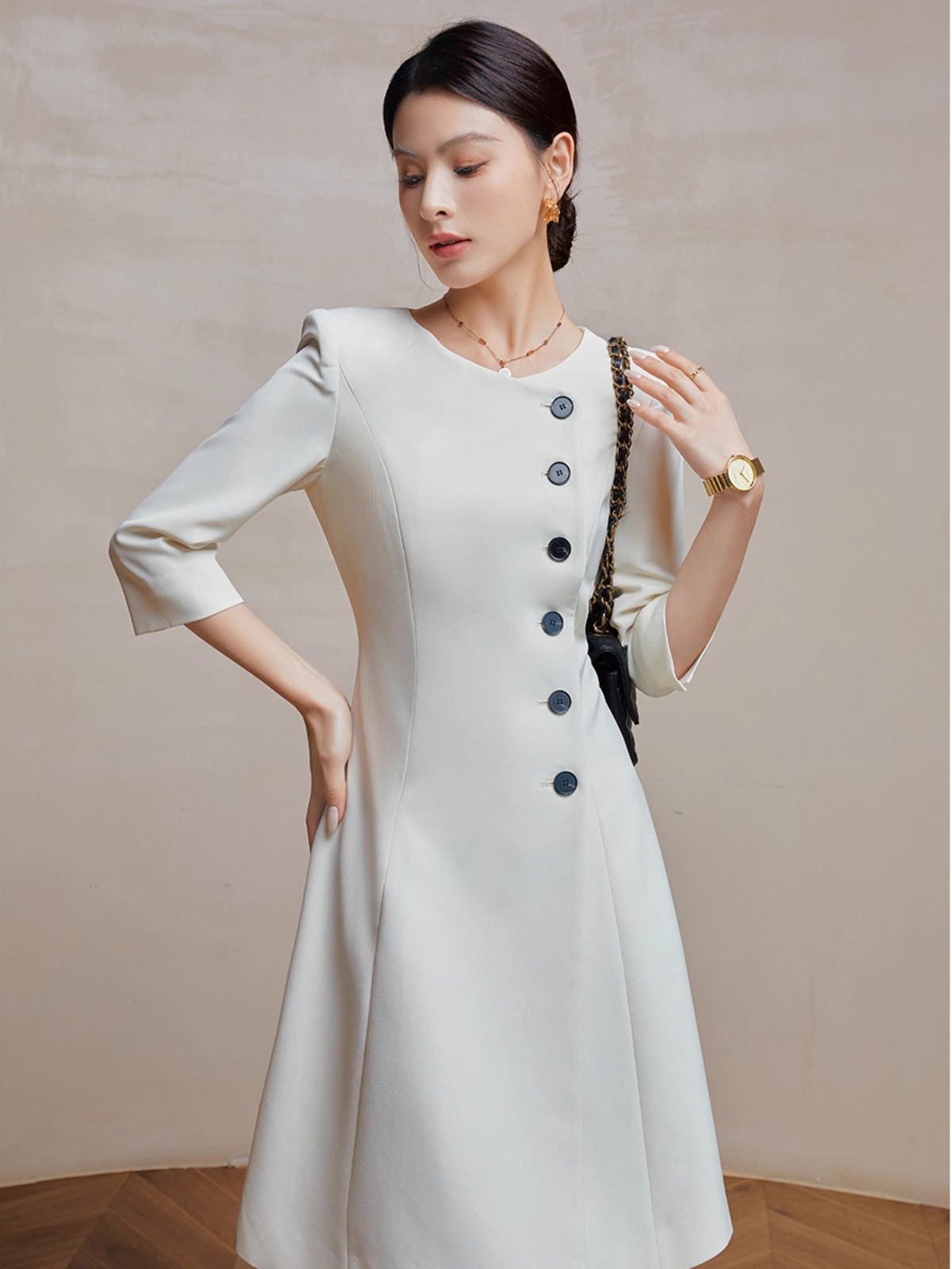 S140 Women's temperament mid-length swing A-line skirt single row button suit skirt
