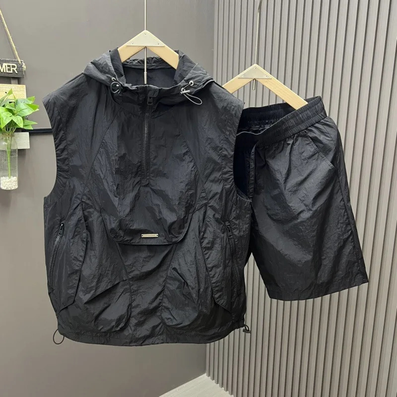 2pcs casual and fashionable hooded vest shorts set mens summer workwear thin loose couple sleeveless suit 250612