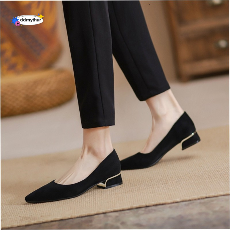 Black Suede Chunky for Women 2025 New Spring Autumn Pointed Toe Mid Heel High Heels Professional Formal Work Shoes ddmythur