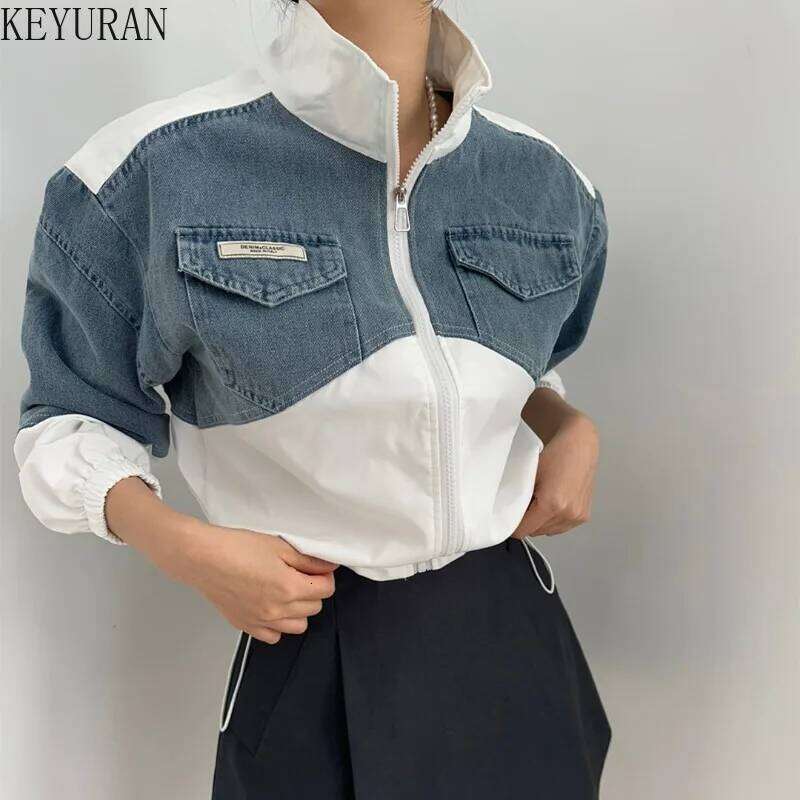 2024 Spring Korean Chic Retro Color Contrast Patchwork Denim Jacket Coat Women Clothes Casual Loose Long Sleeve Crop Tops Female