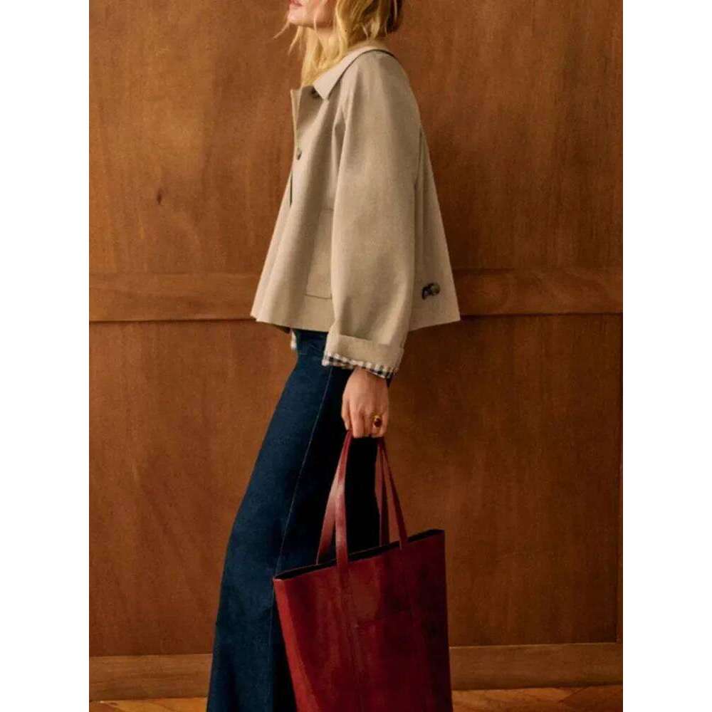 Single Breasted Women Short Trench Coat Interior Plaid Turn-Down Collar Lady Loose Windbreaker 2025 Spring