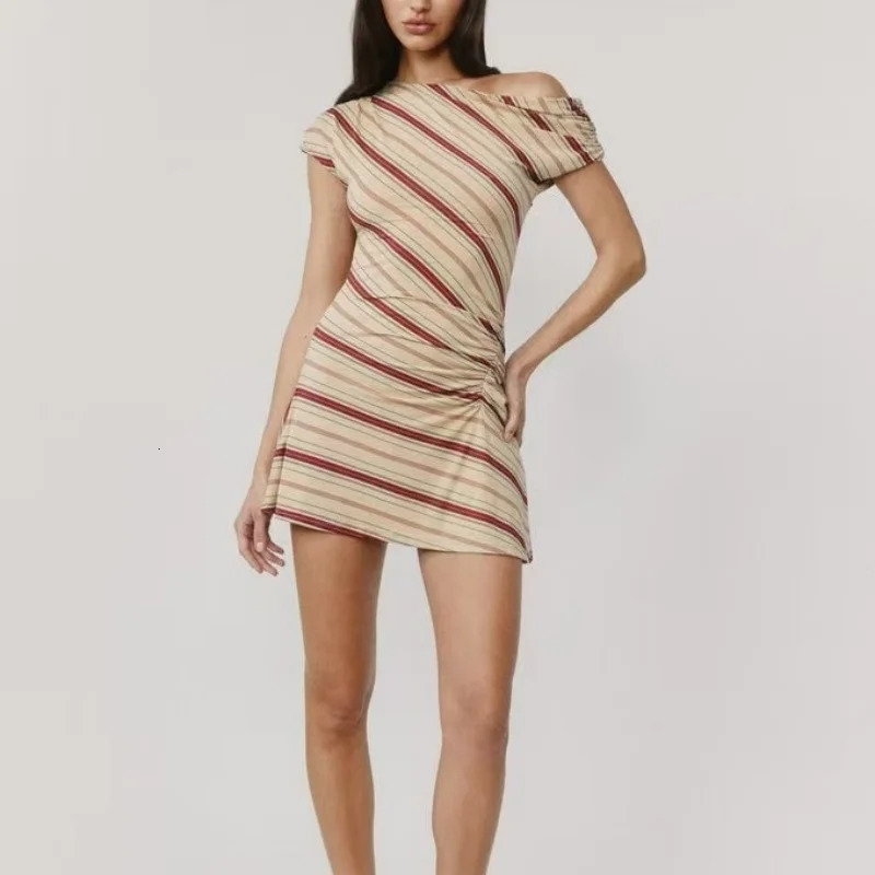 European and American style elastic slimfit oblique shoulder asymmetrical striped dress 250611