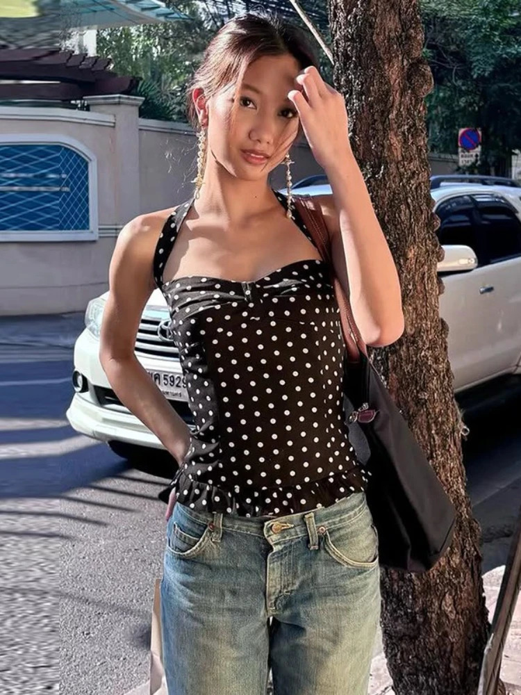 AltGoth Aesthetic Chic Y2k Camisole Women Pastel Goth Streetwear Sweet Polka Dot Backless Halter Corset Crop Tank Tops Female 250613