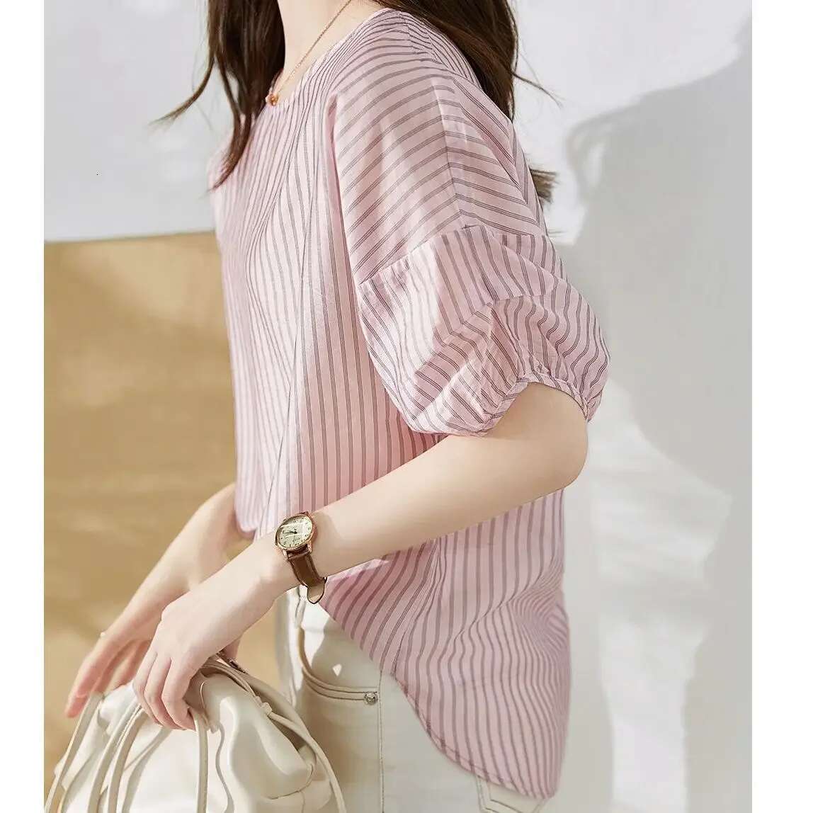 Loose Striped Female Tops Crop Summer Womens Shirt And Blouse Youthful Woman Clothes Xxl Premium Clothing Trend 2025 Xl M