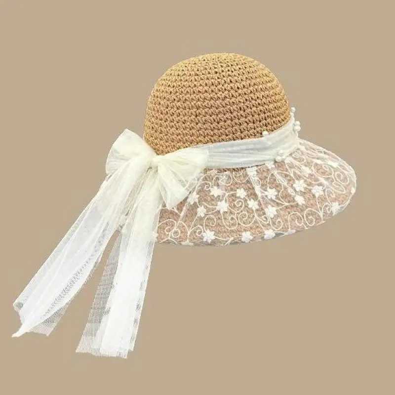 Womens Summer Hat Lace Ribbon Bow Flower Beads Big Brim Sunscreen Bucket Hat Sunshade Beach Accessories New M250616