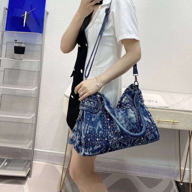 Women's Bags Designer Large Capacity Denim Cloth Tote Bags For Women Designer Handbag Purse New In Mosaic Rivet Imitation Dia Shoulder