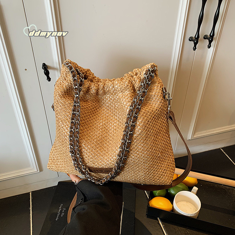 Summer Niche Lazy Style Straw Tote for Women 2025 Simple Casual Woven Chain Shoulder Crossbody Bag Trend ddmynov