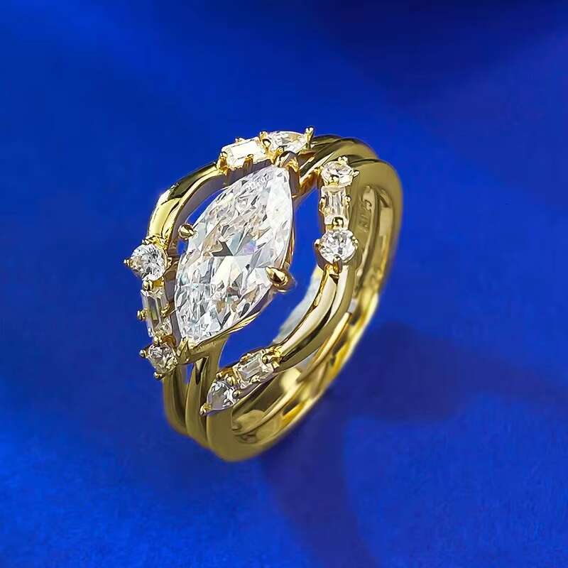 High Quality 2ct Marquise Cut Moissanite Diamond VVS D Color 925 Sterling Silver 18K Gold Plated Fashion Ring Set for Women