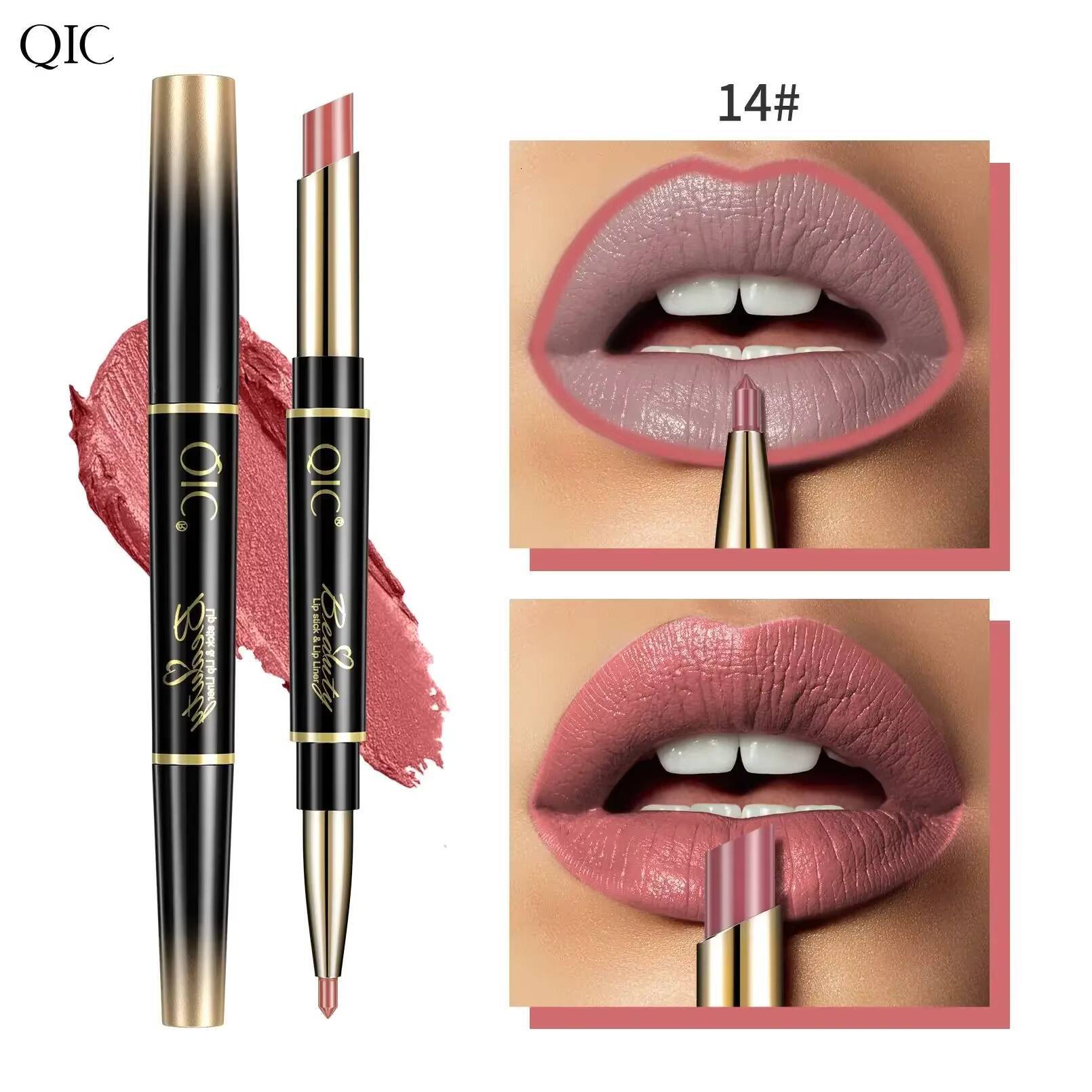 QIC Double Ended Matte Lipstick & Liner Nude 2 in 1 Lipliner Makeup Long Lasting Purple Pencil Lip Stain Cosmetic happy