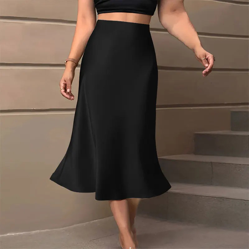 Satin Skirts for Women Korean Style Champagne Office High Waist A-line Skort Fashion Elegant Solid Long Pencil Skirt Silk Like 250614