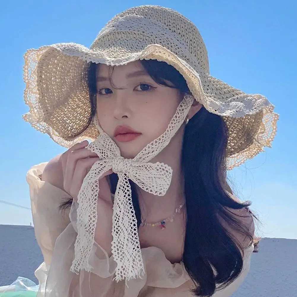 New Arrival Summer Womens Lace Straw Beach Hat Foldable Sun Hat with Wide Brim Fresh Stylish Sunblock Shade Hat Perfect for Travel Holiday U250616