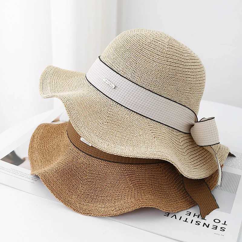 Womens Fisherman Hat With Bow Ribbon Metal Label Breathable Sun Protection Wide Brim Sun Hat For Outdoor Travel Korean Style M250616