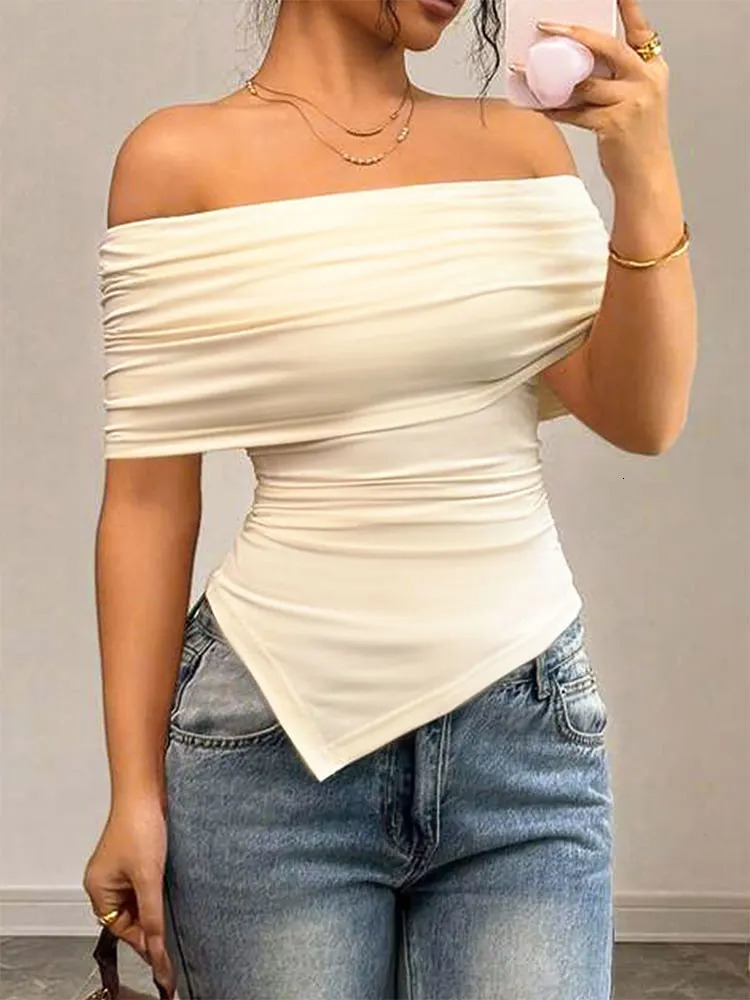 Summer T-shirt Women Fashion Slash Neck Streetwear Casual Slim Versatile Tees Solid Sexy Off Shoulder Elegant Lady Clothing 250614