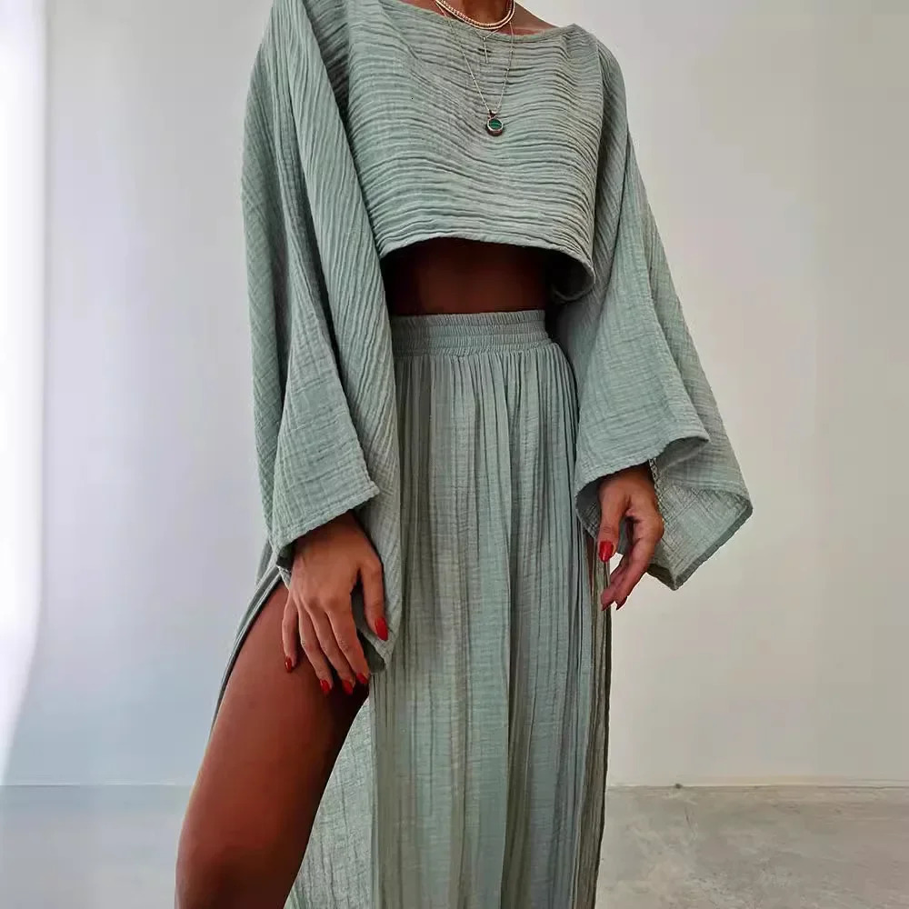 2025 Casual Solid Skirt Sets Vacation Blended Short Top High Waist Chic Slit Casual Two Piece Sets Womens Outifits 250609