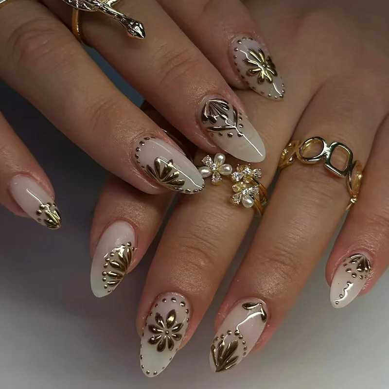 24Pcs Simple Almond False Nails with 3D Gold Edge Art Press on Acrylic Nails Detachable Artificial Fashion French Fake Nail Tips 250611