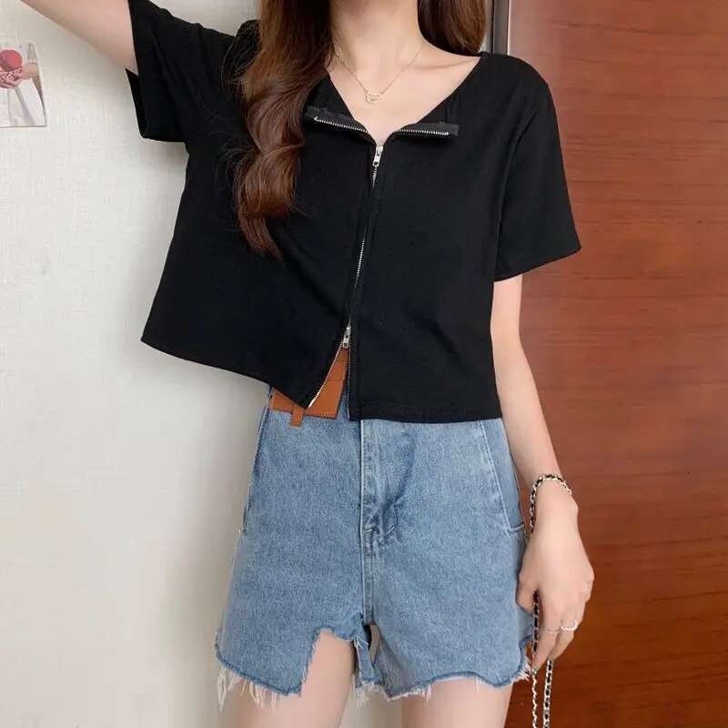 Womens Crop Top Summer T-shirt Woman Pink White Plain Short Sleeve Tees Elegant Classy Offe Clothing Black New in Old Pulovers