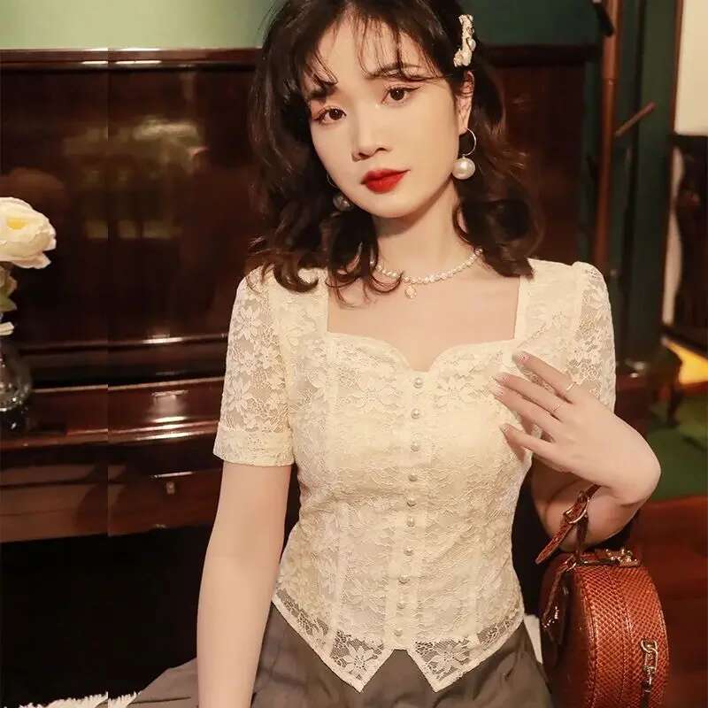 White with Short Sleeve Shirts Blouses for Women Summer Woman Top Sexy Embroidery Vintage Aesthetic Youthful Clothes New 2024