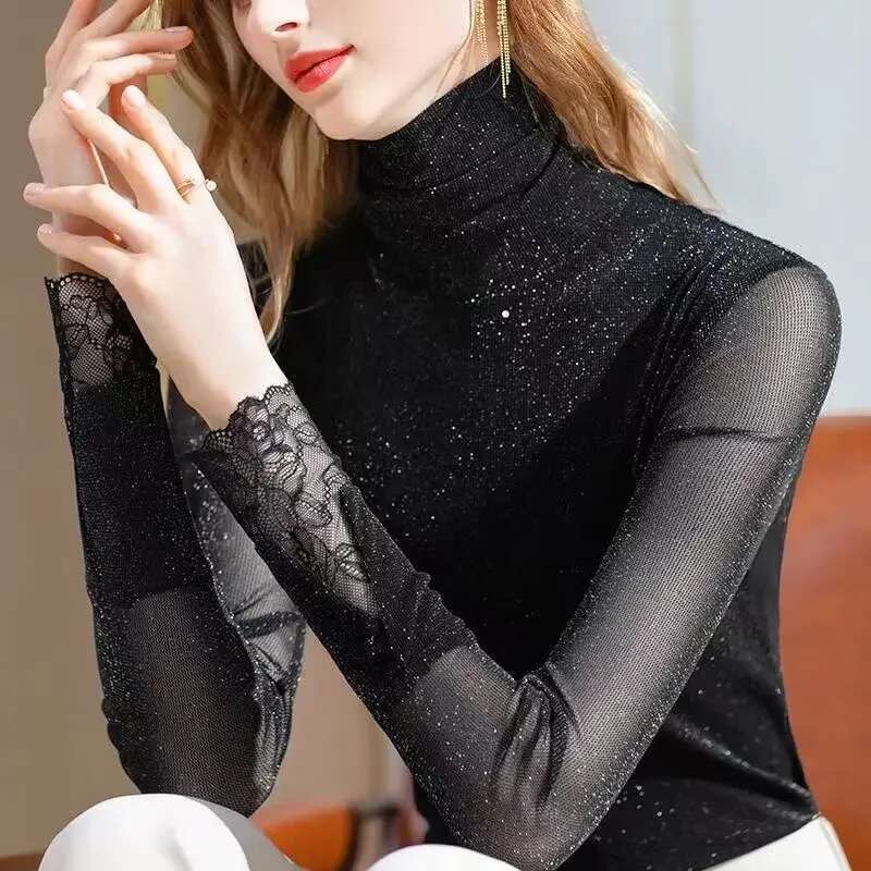 Turtleneck Glitter Rhinestone Sequin Slim Womens Long Sleeve T-shirt Korean Reviews Many Clothes Yk2 Cheap Kpop Y2k Top Female