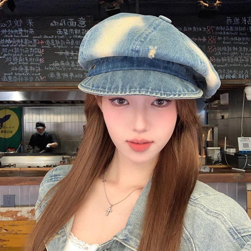 Retro Tie-dye Hole Denim sboy Hats for Men and Women Spring Summer Casual Versatile Literary Octagonal Berets Cap 250604