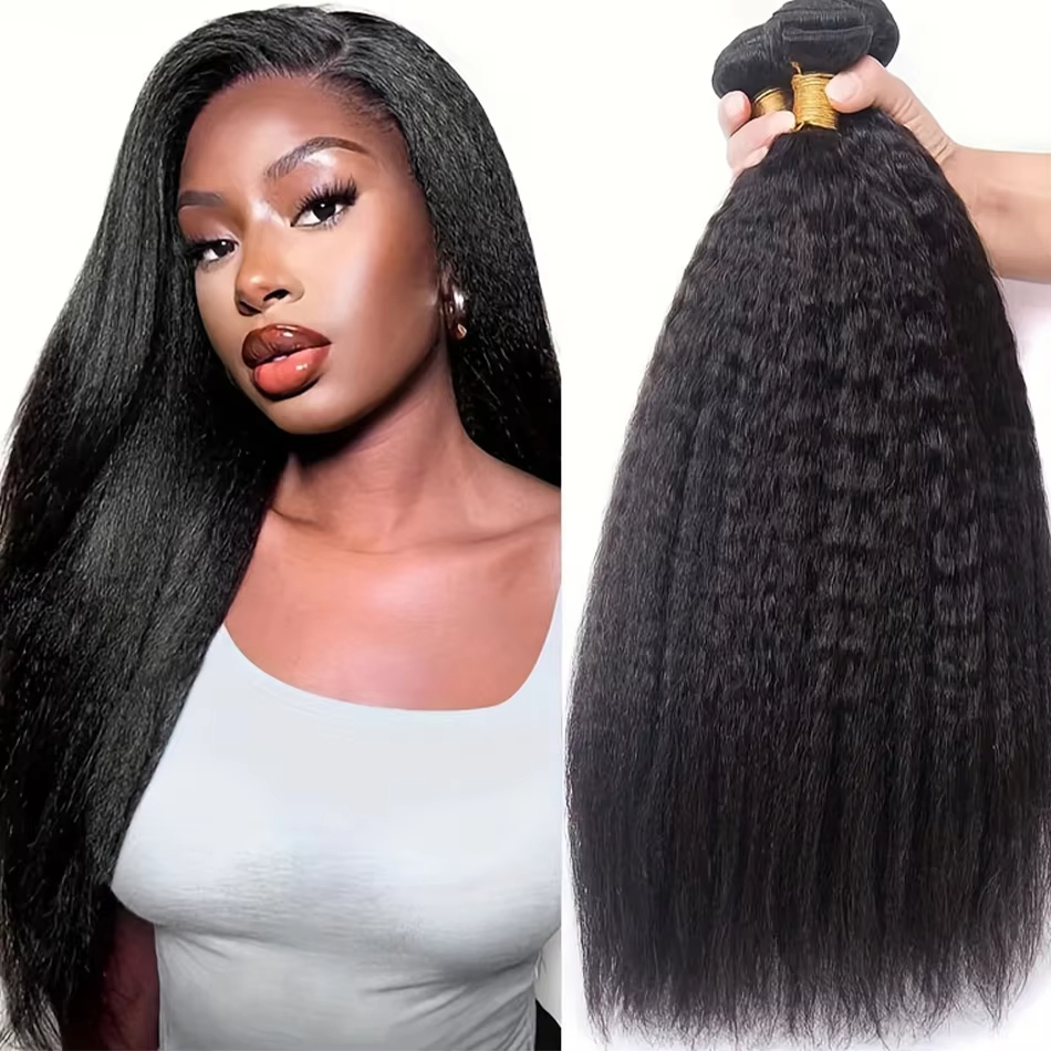 Kinky Straight Human Hair 1/3 Bundles Brazilian Coarse Yaki Hair Weave Bundles Raw Human Hair Extensions 3 Bundles For Women Bundles Remy Hair Yaki 30
