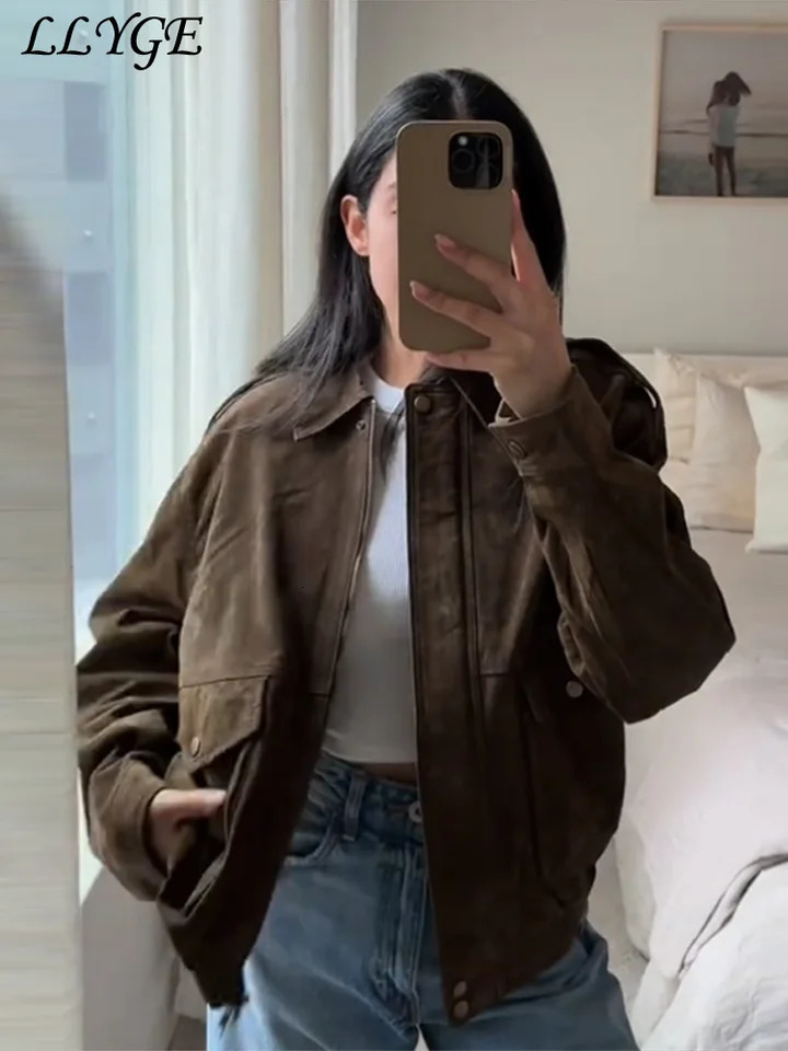 Vintage Womens Suede Bomber Jackets Fashion Lapel Zipper Full Sleeve Pocket Coats 2025 Spring Lady Elegant Casual Outwear 250614