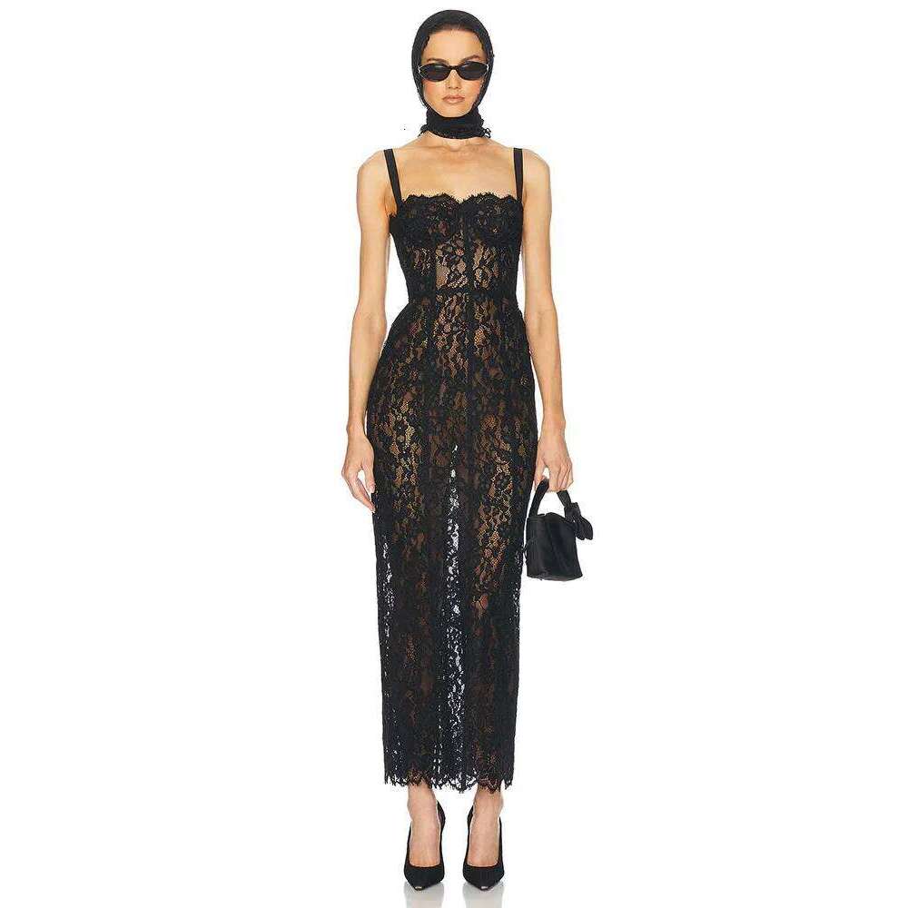 Sexy Spaghetti Strap Square Neck Long Dress Women Black Floral Lace Sleeveless Bodycon Dresses Elegant Evening Celebrity