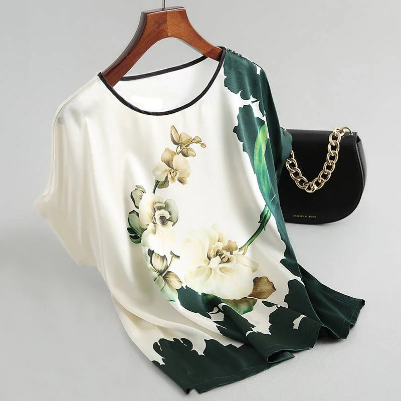 Fashion Floral Print Blouse Pullover Ladies Silk Satin Plus Size Batwing Sleeve Vintage T-shirt Casual Short Sleeve Tops 250614