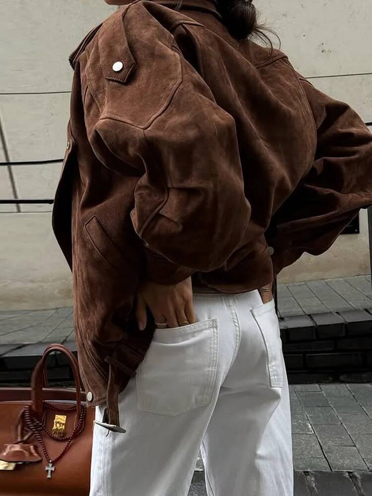 Oversize Suede Lace Up Jacket Women Vintage Turn-Down Collar Long Sleeve Zipper Cropped Coats New Fashion Elegant Lady Outerwear