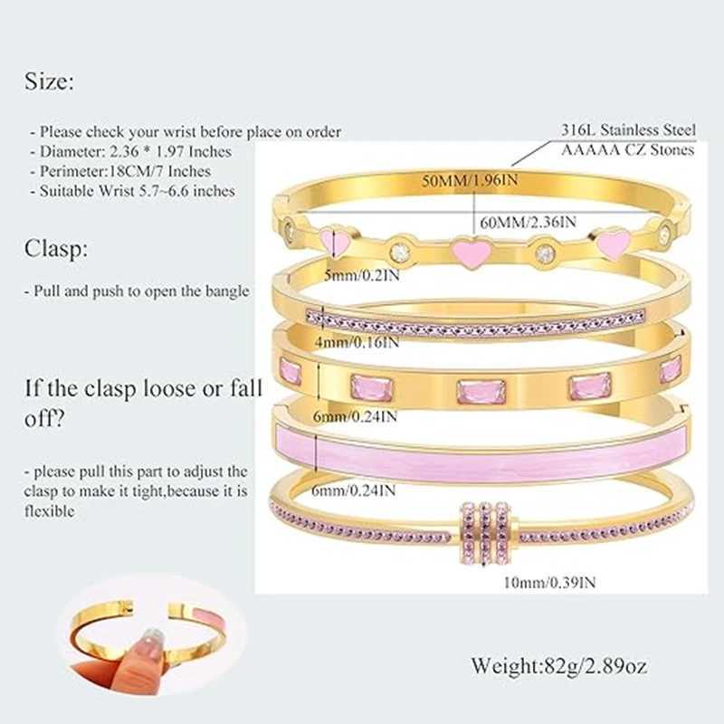 Stackable Gold Color Bangle Set for Women - 18K Gold Plated Stainless Steel Pink Crystal Heart Jewelry Z250616